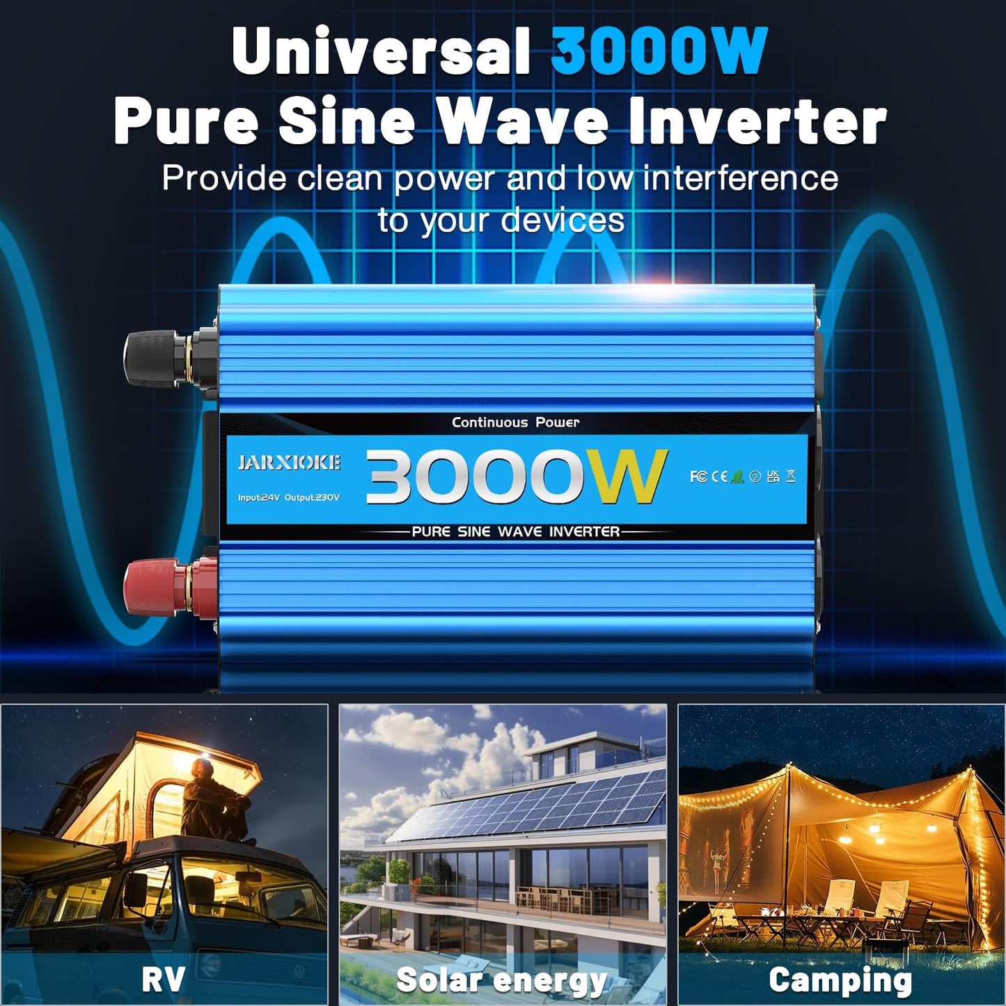 Omvormer zuivere as 3000 W omvormer 24 V 220 V / 230 V stroomomvormer - 2 AC-stopcontacten en USB-poorten en aansluitingen met hoge stroomsterkte voor auto, caravan, boot