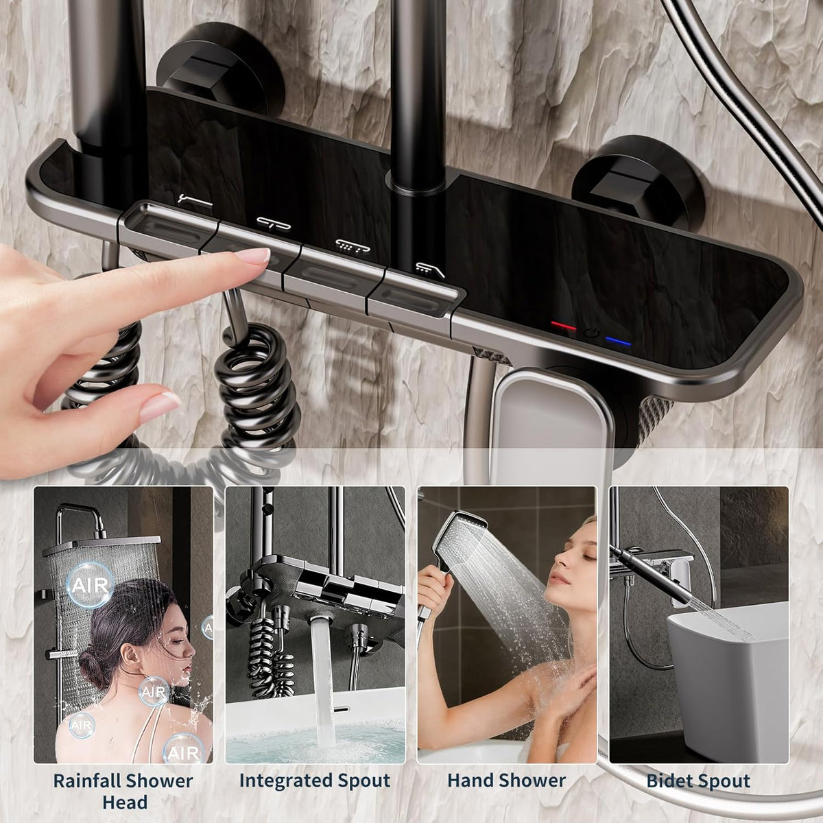 Douchesysteem – Douchepaneel – Regendouche – Handdouche – Bidetdouche – 4 Functies – Thermostatische Mengkraan – 31x20 cm Regendouchekop