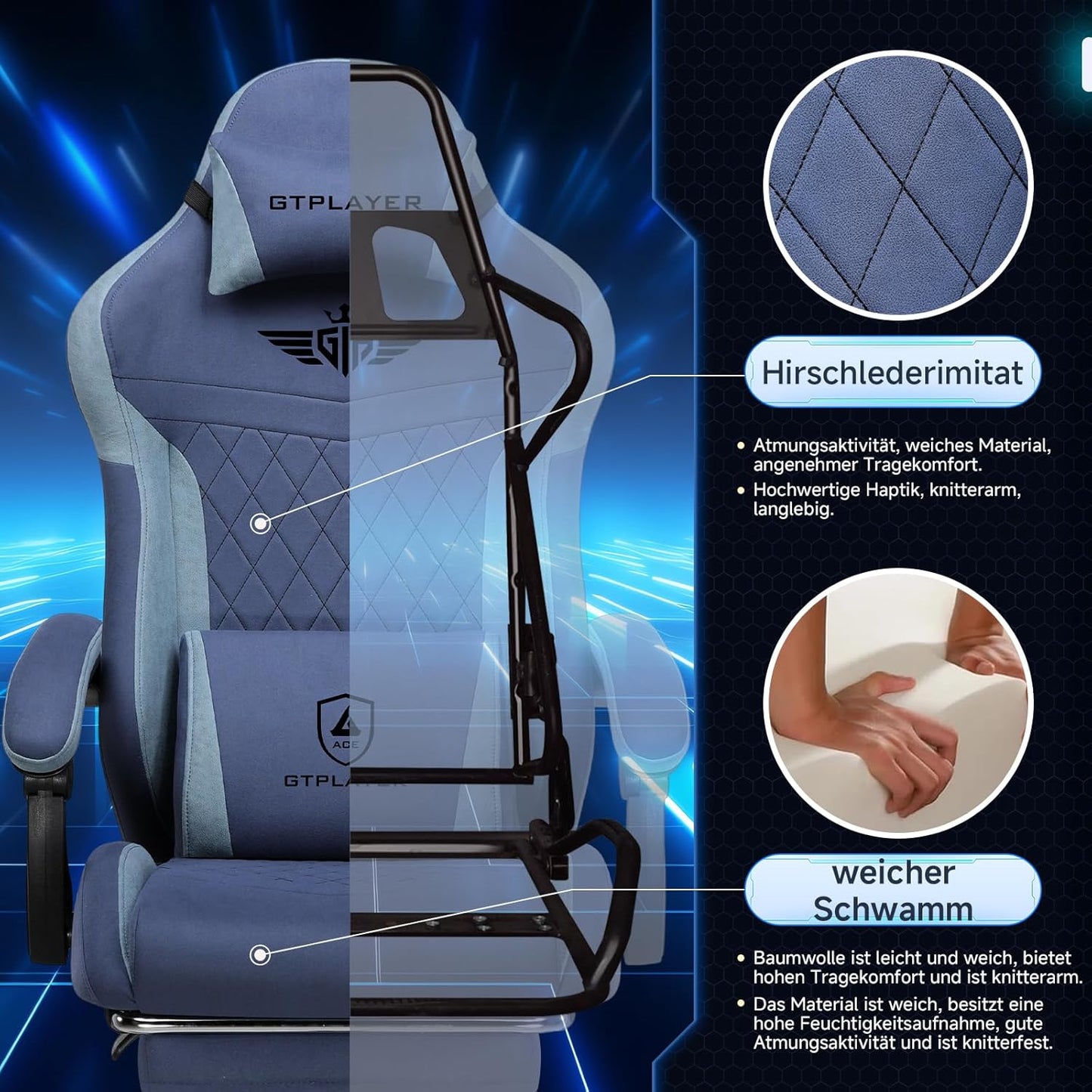 GTPLAYER Gaming Chair, Ergonomic Gamer Chair Made of Faux Leather Fabric with Lumbar Support, PC Chair with Widened Backrest, Maximum Load 150 kg, Dark Blue - QUORE