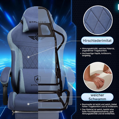 GTPLAYER Gaming Chair, Ergonomic Gamer Chair Made of Faux Leather Fabric with Lumbar Support, PC Chair with Widened Backrest, Maximum Load 150 kg, Dark Blue - QUORE