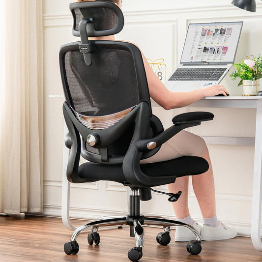 Ergonomic Office Chair, Swivel Office Chair with Mesh High Backrest, Adjustable Lumbar Support, Folding Armrests, Detachable Headrest, Space Saving, 155-185cm, up to 150kg