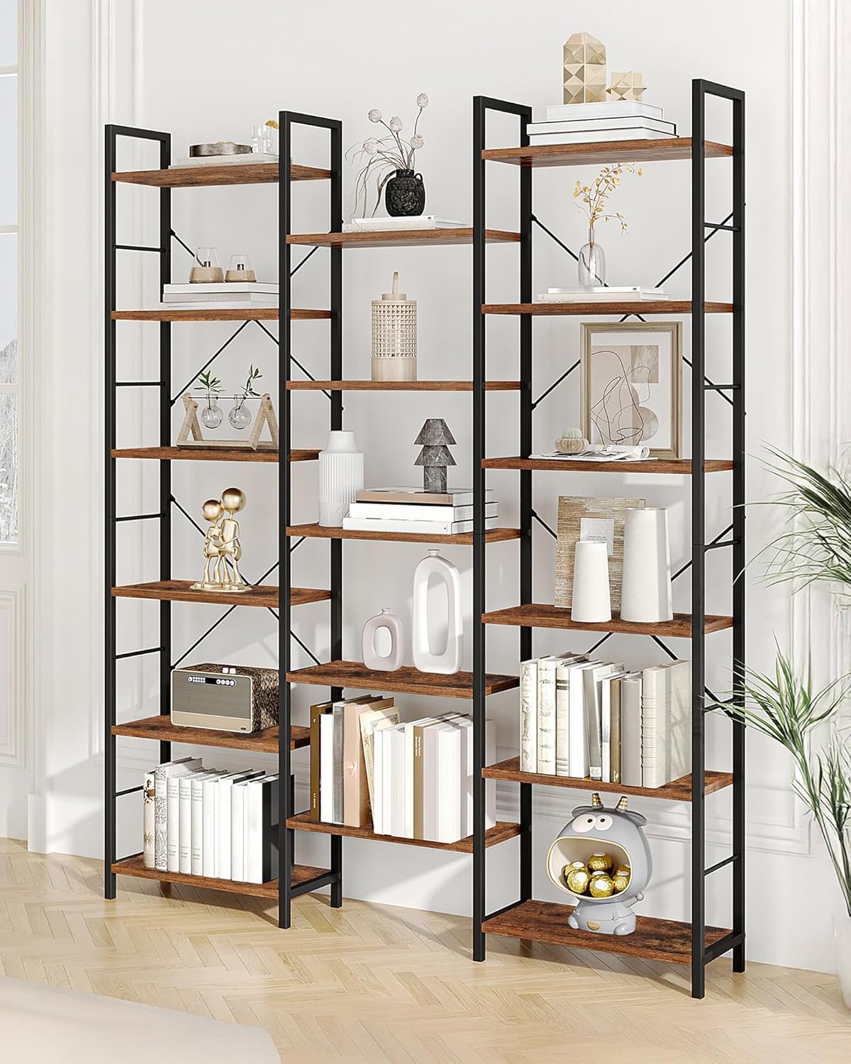 Hzuaneri Bookshelves, Freestanding Shelves, 17 Shelves, 6 Layers, Adjustable Distance, 24 x 152 x 186 cm, Load Capacity 340 kg, Living Room, Office Vintage Brown-Black BC10101B
