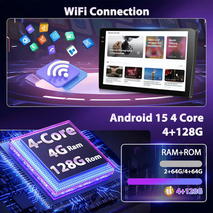 Autoradio, Android 4G + 128G, 9 inch, 1280P HD, inclusief touchscreen, 2 Din autoradio, Android 15 stereo radio, IOS Carplay, Bluetooth 5.0, GPS, WiFi, 2 USB en back-upcamera AHD 720P