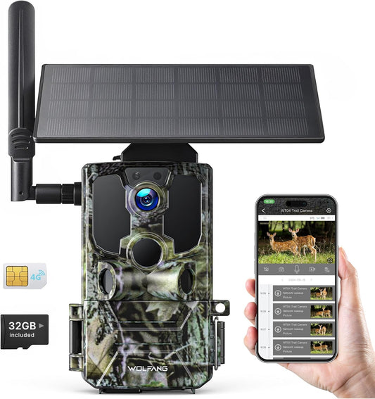 WOLFANG WT04 Jachtcamera, 4G Fotoval op Zonne-energie met Vooraf Geïnstalleerde Simkaart en SD-kaart, Externe 2.5K-jachtcamera met Zonnepaneel, Onzichtbaar Infrarood, PIR-detectie, Waterdicht