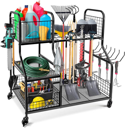 Kalolary Garden Tool Storage Organizer voor Garage, 3 Laags Opberghouder Gereedschap met Wielen, Groot Tuingereedschaprek met Extra Opbergmand voor Tuin/Schuur/Garage/Tuin/Kelder/Gazon