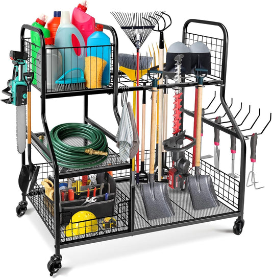 Kalolary Garden Tool Storage Organizer voor Garage, 3 Laags Opberghouder Gereedschap met Wielen, Groot Tuingereedschaprek met Extra Opbergmand voor Tuin/Schuur/Garage/Tuin/Kelder/Gazon