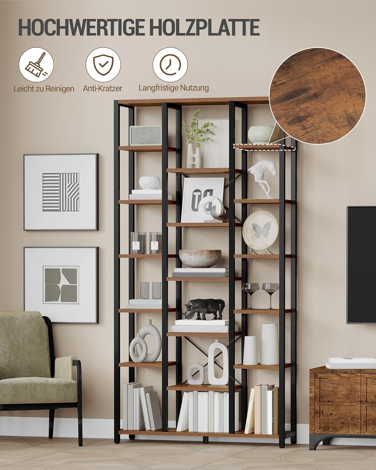 Hzuaneri bookshelf, bookcase with 7 levels and 18 open shelves, adjustable storage cabinet for living room and home office, 30 x 100 x 200 cm, Rustic Brown and Black, BC15601B