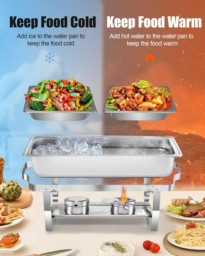 Chafing Dish Buffet Set 9L, Eenvoudig te Monteren, 2-Pack Voedselveilig RVS Warmhoudbakken, Opvouwbaar Frame [Veilig Afgerand Randontwerp], Voedselwarmer voor Catering Buffet en Elk Feest (1/2+1/1 GN)
