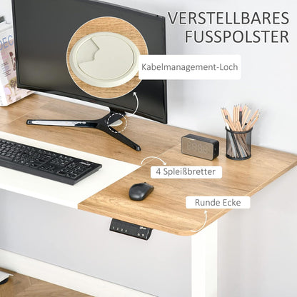 Computer table, electric desk, standing desk, height adjustable, table frame with motor, metal, natural + white - QUORE