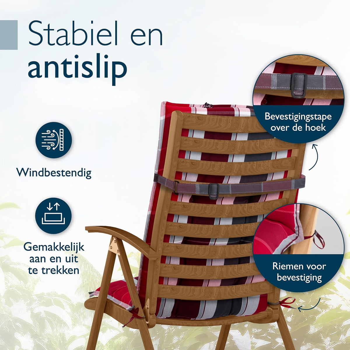 Beautissu Set van 8 Premium Hoge Rugleuning Kussen met Hoofdkussen 120x50 cm Sun-HL – UV-bestendig & 8cm Dik Kussen Tuinstoelkussen Antislip Bevestigingsbanden – Stevige Stof Rood Antraciet Gestreept