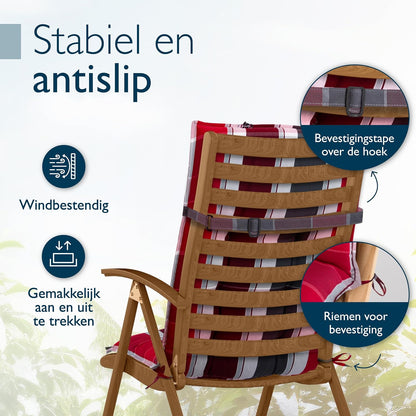 Beautissu Set van 8 Premium Hoge Rugleuning Kussen met Hoofdkussen 120x50 cm Sun-HL – UV-bestendig & 8cm Dik Kussen Tuinstoelkussen Antislip Bevestigingsbanden – Stevige Stof Rood Antraciet Gestreept