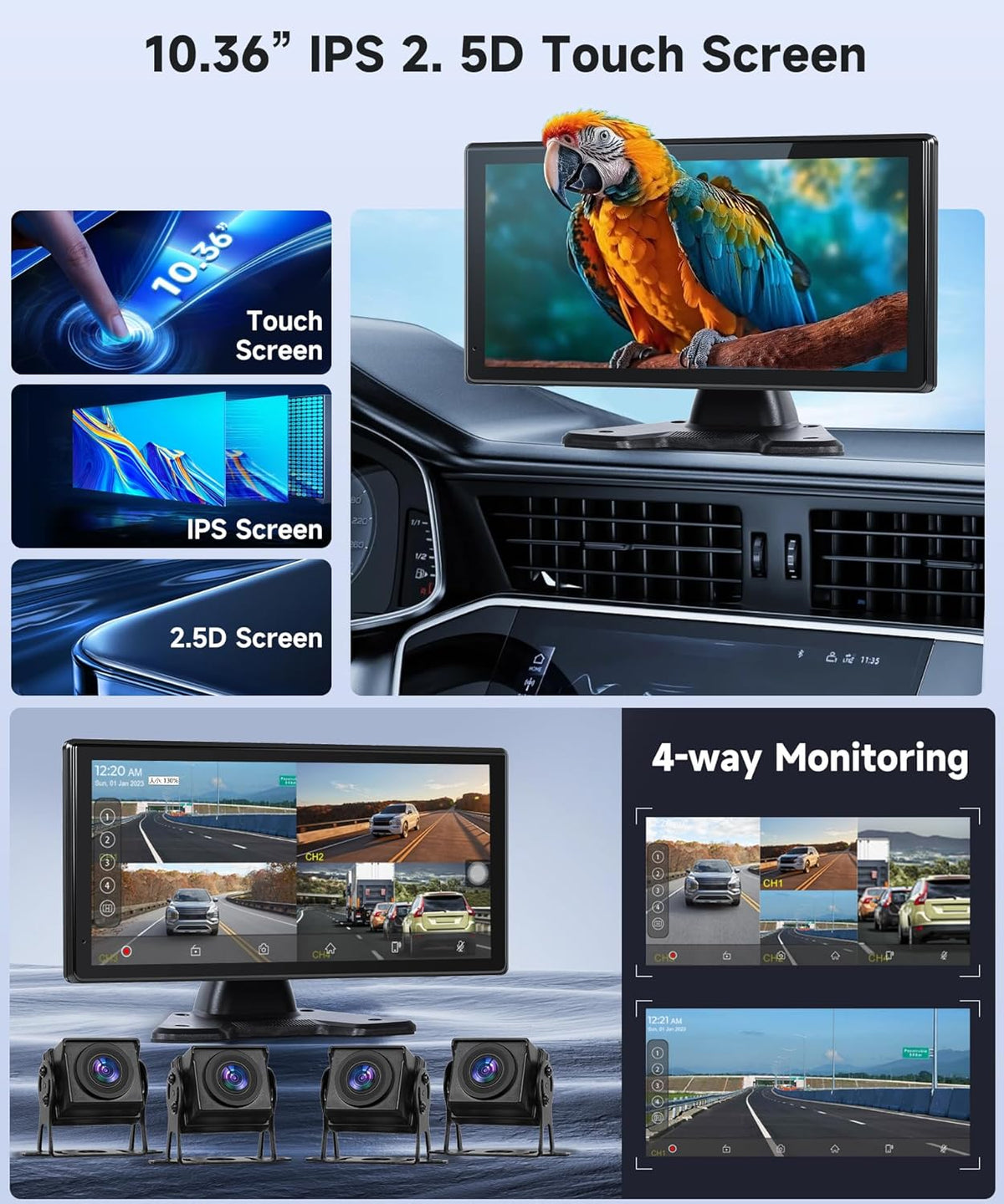 4K achteruitrijcamera 4 camera's set met draadloze Carplay Android Auto, 10,36 inch monitor 4 gesplitste schermen, Bluetooth/FM-zender/Loop Video/WiFi Video/Parkeermonitor voor Truck/Bus/Van/Caravan