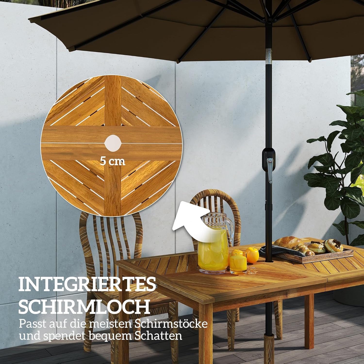 Outsunny Gartentisch klappbar 150x85cm, Wetterfest Balkontisch aus Holz, 6 Persons Klapptisch mit Schirmloch, Lamellendesign Esstisch Outdoor, Beistelltischisch, Terrassentisch für Garten Balcony Teak - QUORE
