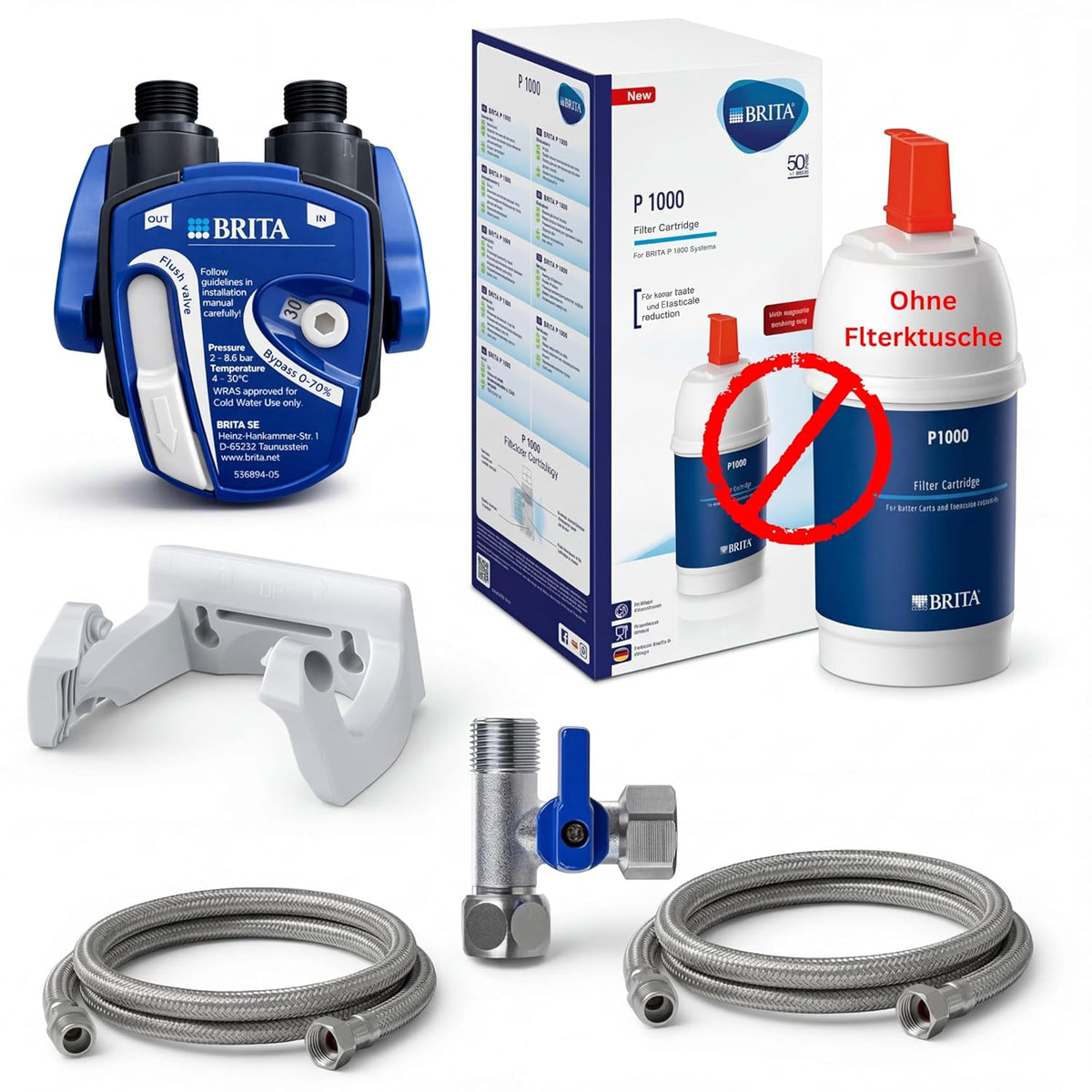 Ondergrondse waterfilter: BRITA filterkop voor BRITA filter P1000 / P3000 / C300 / C500 incl. 2x flexibele slang, hoekventieladapter | geen filterpatroon inbegrepen