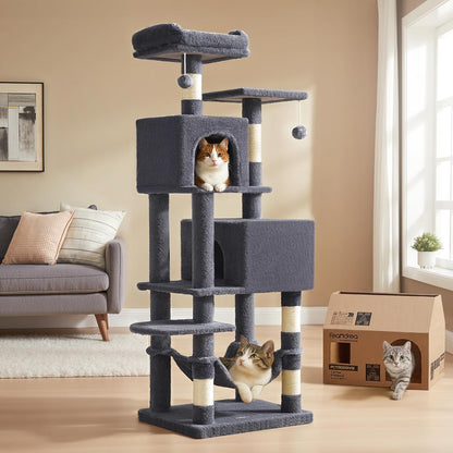 Krabpaal – Kattenboom – Klimpaal – Kattenmeubel – Krabmeubel – 155 cm Hoog – Met 5 Sisal Krabkolommen & 2 Knusse Kattenholletjes