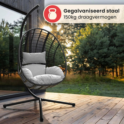 Swoods XXL Egg Hangstoel – Hangstoel met standaard – Voor Binnen en Buiten – Incl. Kussens – Egg Chair – Weerbestendig - Ei Stoel – tot 150kg (Lichtgrijs)