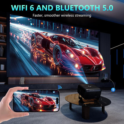 Mini Projector met 500 ANSI Lumen, Auto Focus, 1080P Full HD, Ondersteunt 4K Input, WiFi 6, Bluetooth 5.0, 360° Standaard, Draagbare Projector voor Slaapkamer en Buiten