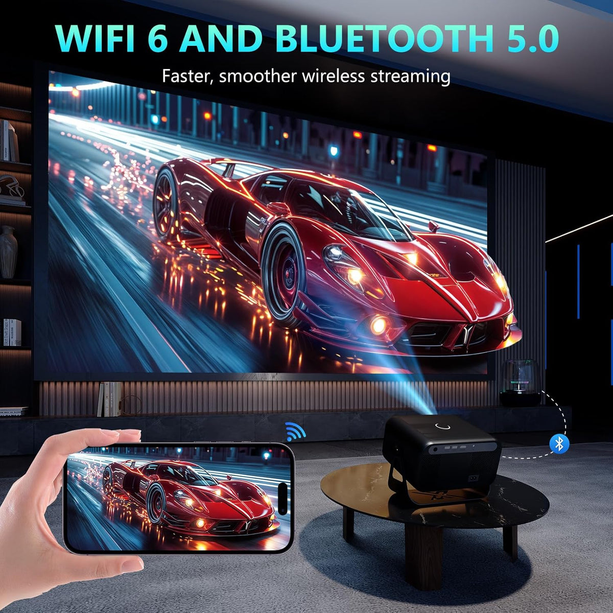 Beamer 4K thuisbioscoop met 500 ANSI lumen, Native 1080P, ondersteunt 4K, automatische focus en trapeziumcorrectie, wifi 6 en Bluetooth 5.0, Smart beamer 4K voor slaapkamer en thuisbioscoop