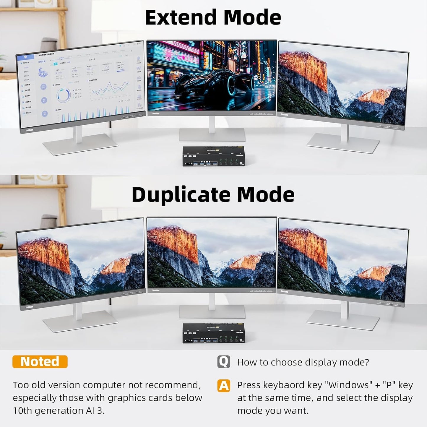 KVM Switch 3 monitoren 4 pc's, 2 DisplayPort + 1 HDMI USB 3.0 KVM-schakelaar, ondersteunt 4K @60 Hz voor 3 computers die 2 DP-monitoren, toetsenbord en muis delen