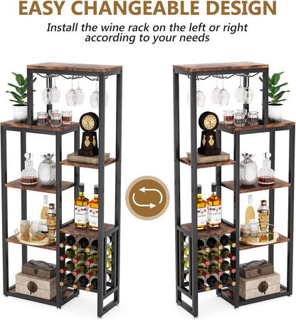 Tribesigns Wine Rack Freestanding Floor, 5 Tier Wine Box Rack with Glass Holder and Wine Storage, Industrial Wine Display Shelf for Bar, Kitchen, Dining Room (Rustic Brown)