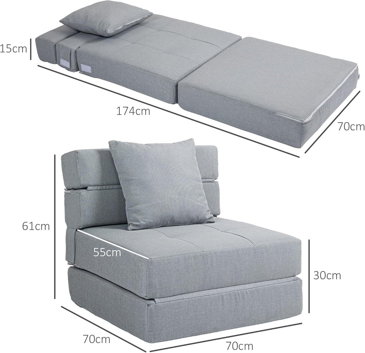 HOMCOM Folding Sofa Bed, 2-in-1 Folding Chair with Bed Function, Relaxing Chair with Cushion, Guest Bed for Living Room, Bedroom, Load Capacity up to 120 kg, Light Grey - QUORE