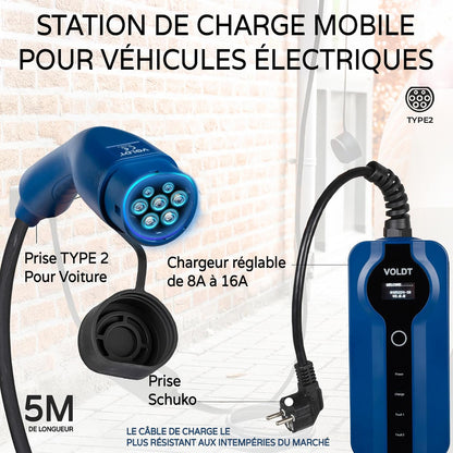 VOLDT Type 2 oplaadkabel Schuko 3,7 kW, 1-fase, 8A - 16A, verstelbare EV-oplader met bestuurbaar digitaal display voor elektrische auto, oplaadkabel voor elektrische voertuigen, IP67 waterdicht