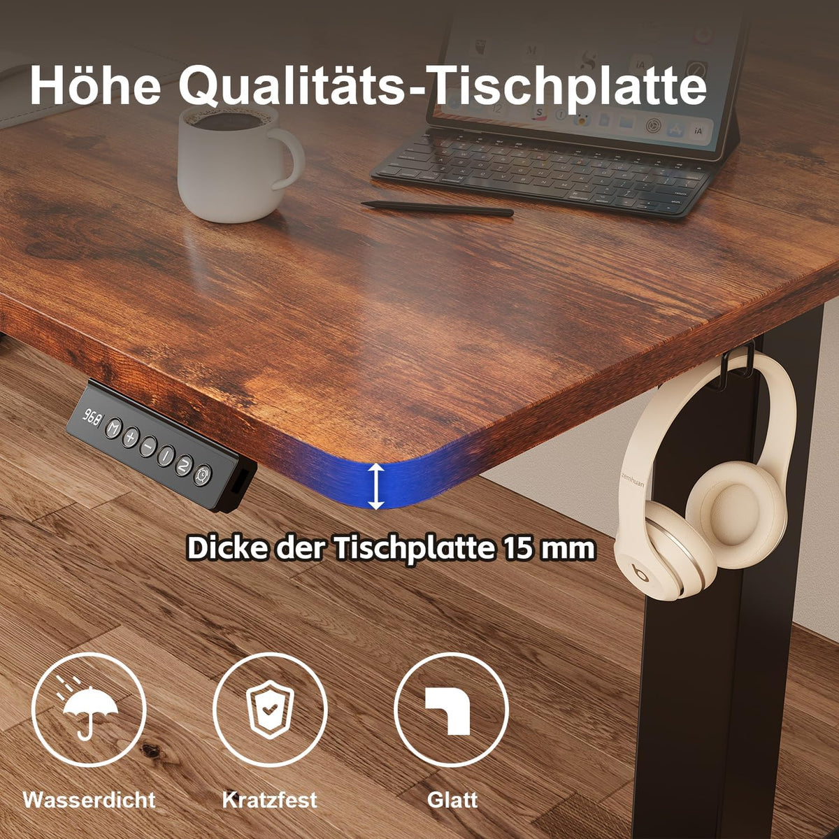 JUMMICO In hoogte verstelbaar bureau, compleet tafelblad, elektrisch bureau, in hoogte verstelbaar met geheugenfunctie, state-tafel, computertafel, 140 x 60 cm, bruin