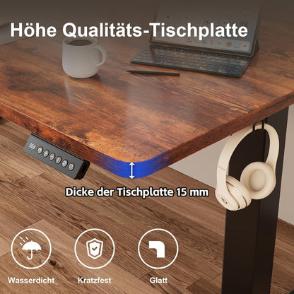 JUMMICO In hoogte verstelbaar bureau, compleet tafelblad, elektrisch bureau, in hoogte verstelbaar met geheugenfunctie, state-tafel, computertafel, 140 x 60 cm, bruin