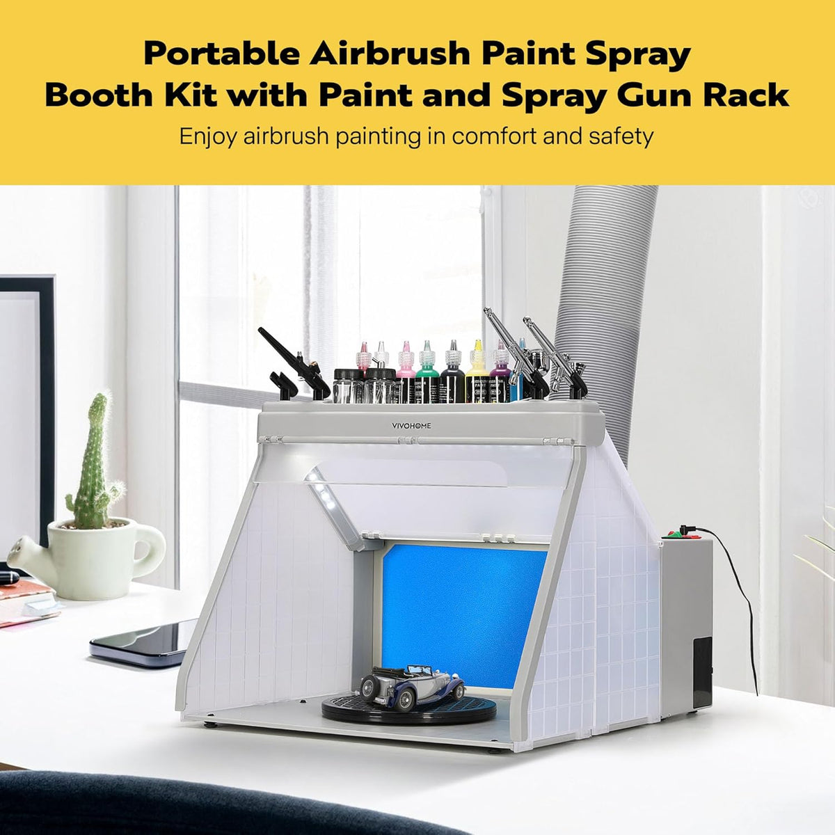 VIVOHOME Draagbare Airbrush Verfspuitcabineset met 3 Led Lampjes Verf- en Spuitpistoolrekken Draaitafel en Filterslang Airbrushcabine Voor het Schilderen van Modelbouw