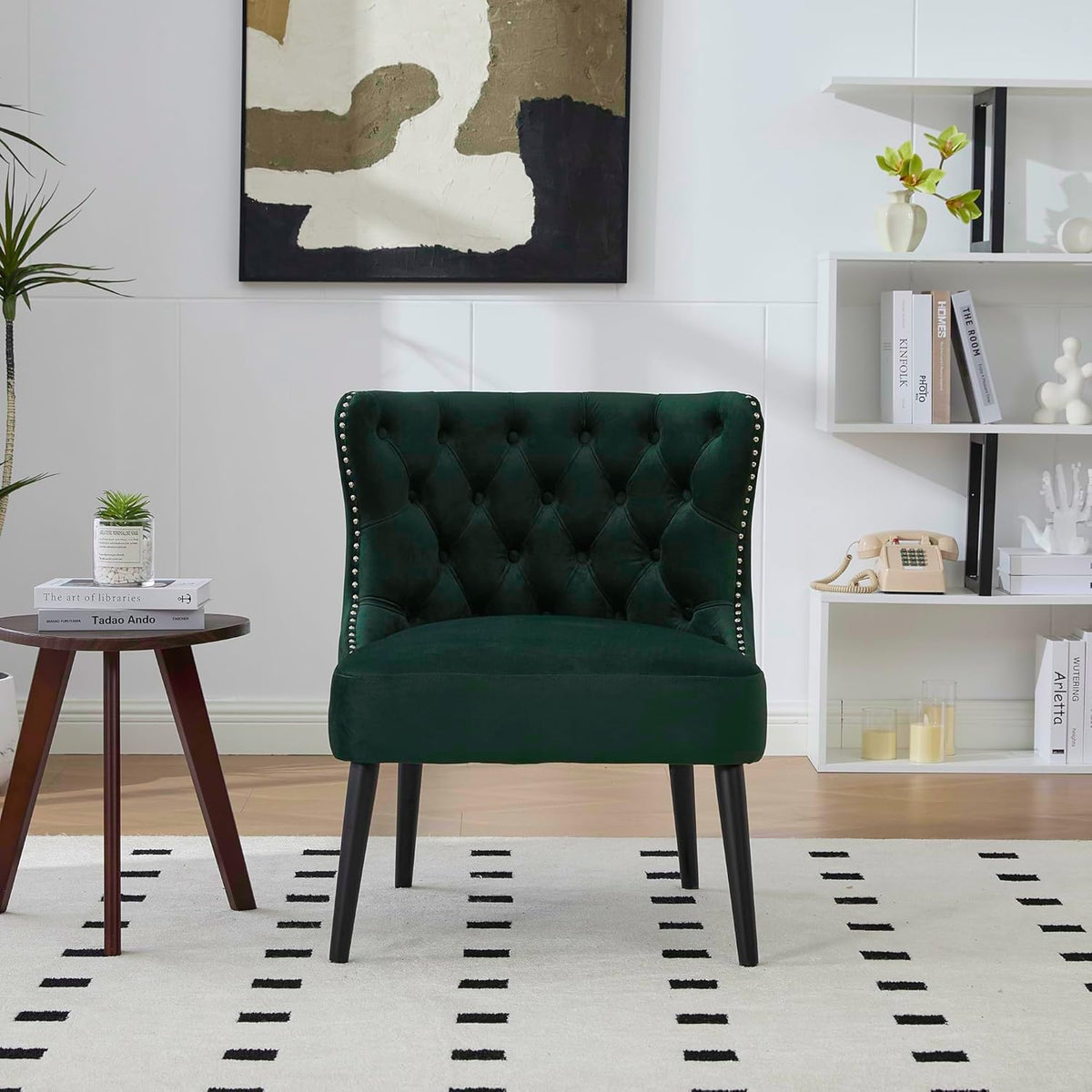 Fluwelen fauteuil, stoel zonder armleuningen met klinknagels, poten van massief hout, voor woonkamer, slaapkamer en kantoor, smaragd, 65 x 61 x 80 cm