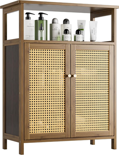 Badkamer Vloerstandaard Kast, Bamboe Opberg Organizer Tafel met 2 Rotan Deuren en 1 Plank, Houten Bijzetkast voor Hal, Wasserij, Keuken, Woonkamer (Walnoot)