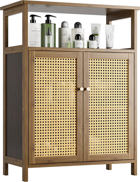 Badkamer Vloerstandaard Kast, Bamboe Opberg Organizer Tafel met 2 Rotan Deuren en 1 Plank, Houten Bijzetkast voor Hal, Wasserij, Keuken, Woonkamer (Walnoot)