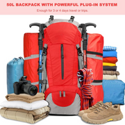 Wandelrugzak - Kampeertas - Trekking rugzak - Camping Essentials Tas - met Regenhoes 50L - Lichtgewicht - Waterdichte - 8 Verstelbare Riemen - Nylon - Rood