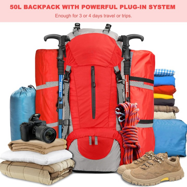 Wandelrugzak - Kampeertas - Trekking rugzak - Camping Essentials Tas - met Regenhoes 50L - Lichtgewicht - Waterdichte - 8 Verstelbare Riemen - Nylon - Rood