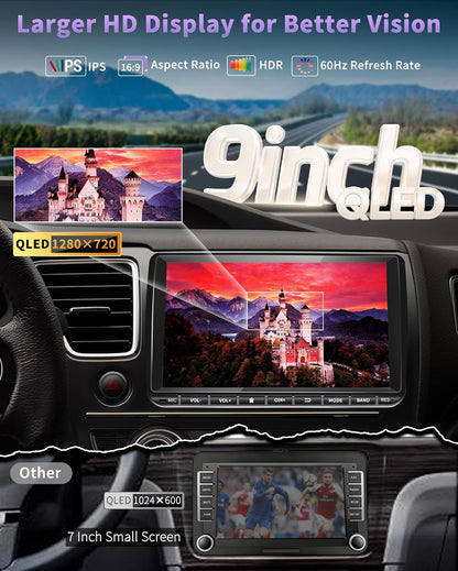 DAB+ Autoradio – Autoradio Met Scherm – Dubbele DIN Radio – Auto Multimedia Systeem – Car Audio Systeem – 9 Inch QLED Touchscreen – Draadloze Apple CarPlay & Android Auto