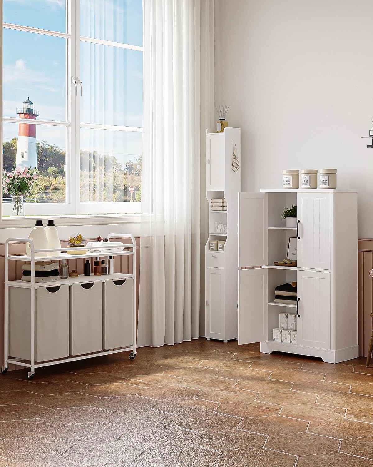 Hzuaneri Bathroom Cabinet, Bathroom Cabinet with 4 Doors, Storage Cabinet, Adjustable Shelves for Living Room, Bathroom, Kitchen, 30 x 60 x 110 cm, White SC18413X