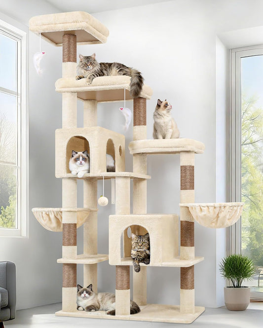Kattenboom – Krabpaal – Kattenmeubel – Krabmeubel – Beige – Voor 3-5 Grote Katten – 2 Grote Kattenhuisjes 45x30 cm – 3 Ruime Platforms 45x45 cm
