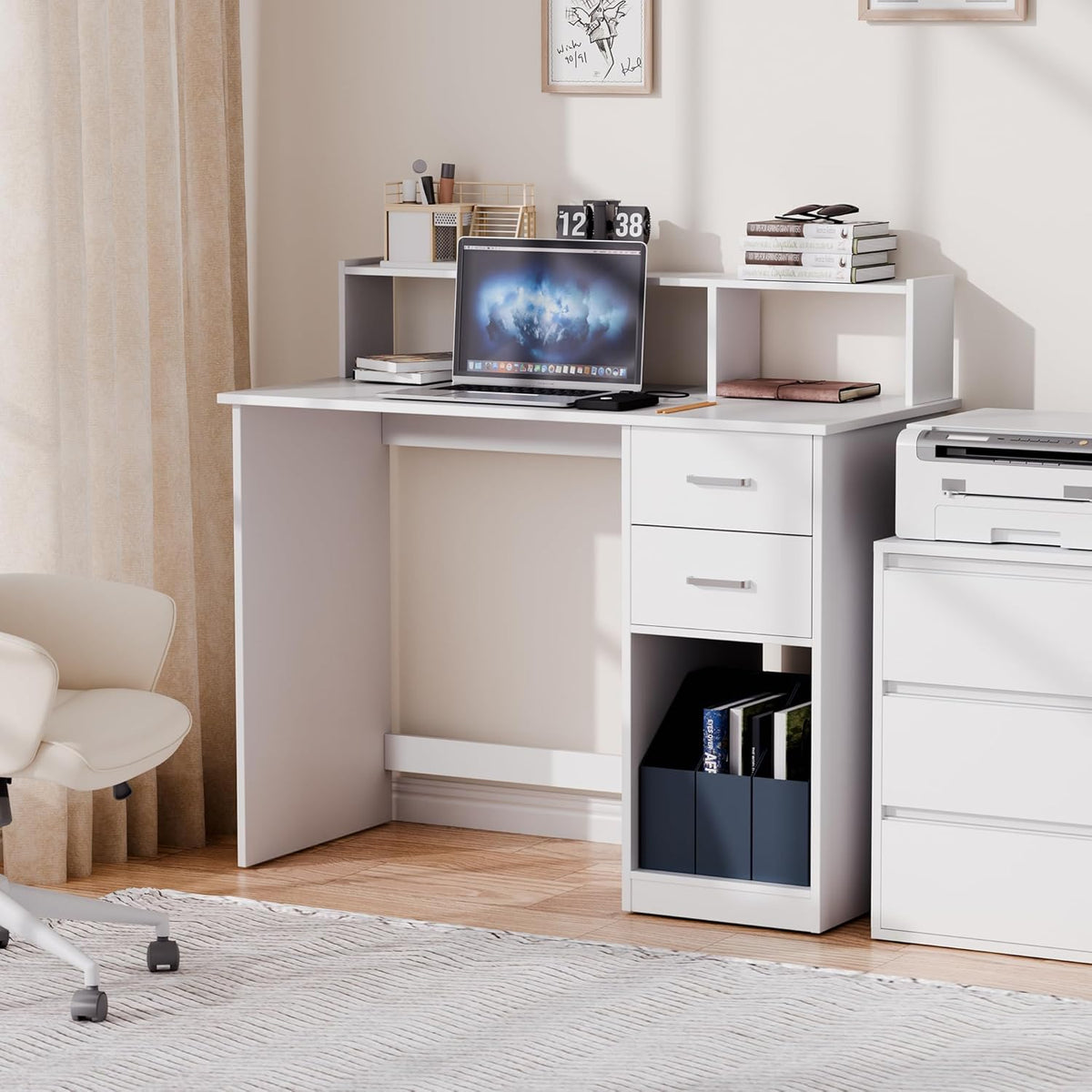 Mondeer Wit computerbureau met 2 laden en opbergplanken, 105 x 48 x 94 cm, laptop studeertafel voor kleine ruimte thuiskantoor werkstation