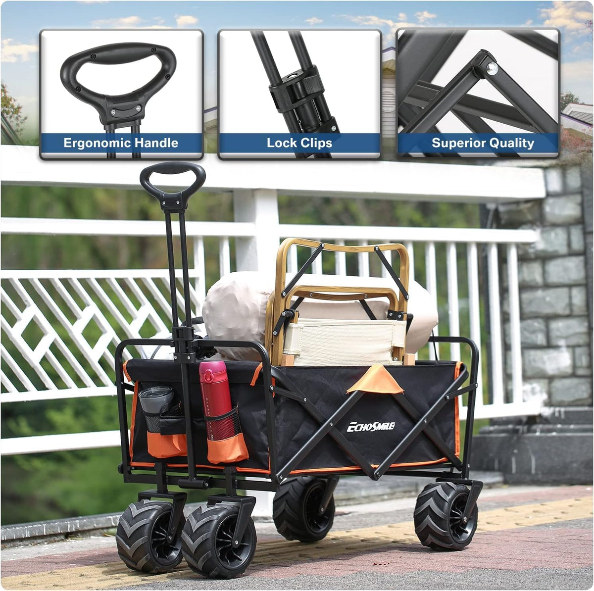 EchoSmile Bolderkar, opvouwbaar, 200 liter, 160 kg belastbaar, handwagen, transportwagen, inklapbaar met verstelbare handgreep en zijzakken, brede wielen, voor alle terrassen, strandwagen, tuinwagen