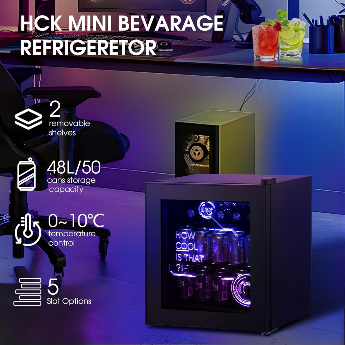 HCK 48L Cyberpunk Bierkoelkast met Moderne RGB Verlichting, Mini Koelkast met Glazen Deur, Dranken Koelkast Gaming Koelkasten, 0-15°C Regeling, voor Slaapkamers, Gaming Room, Feesten, Zwart