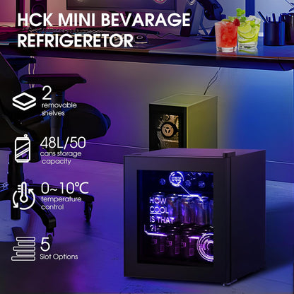 HCK 48L Cyberpunk Bierkoelkast met Moderne RGB Verlichting, Mini Koelkast met Glazen Deur, Dranken Koelkast Gaming Koelkasten, 0-15°C Regeling, voor Slaapkamers, Gaming Room, Feesten, Zwart