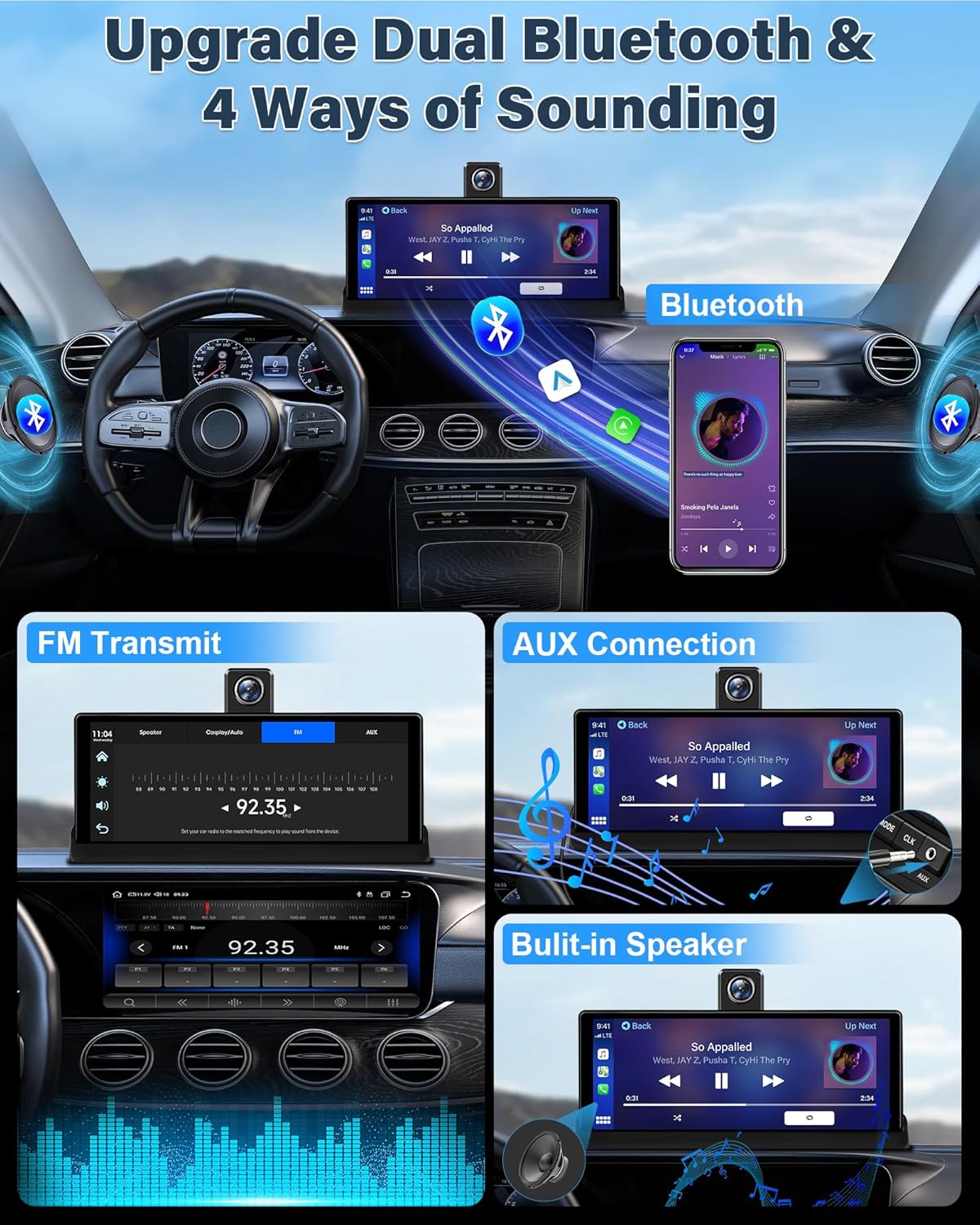4K Apple Carplay Android autodisplay met exclusieve houder, 350° draaibaar 10,26 inch autodisplay, Car Play scherm, Buddy display met Siri/G-oogle GPS-navigatie, bluetooth, 64 GB TF-kaart
