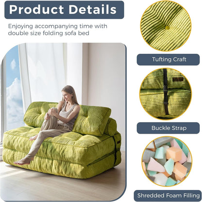 MAXYOYO Folding Sofa Bed, Convertible Sleeping Chair with Pillow, Mattress with Back Support, Portable Chair Bed, Comfortable Lounge for Living Room, Bedroom, Green, Double