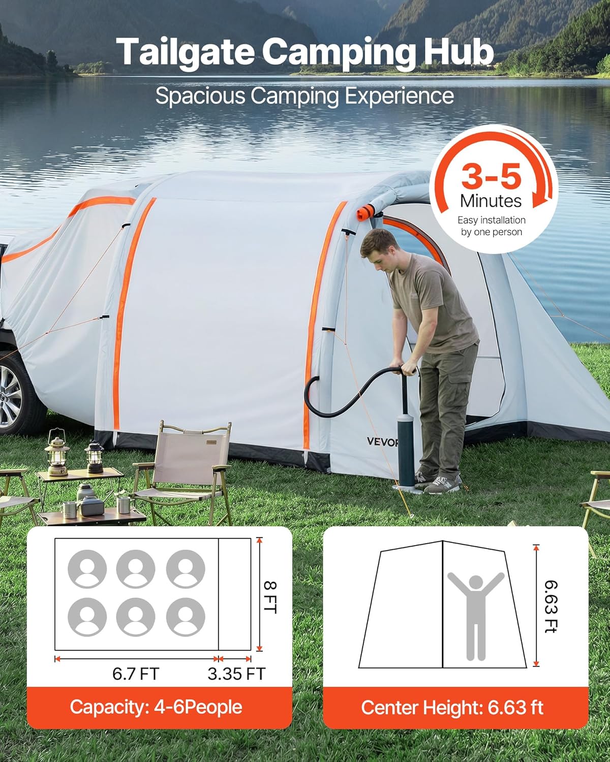 VEVOR Opblaasbare achterkleptent, autotent (2042+1020) x 2438 x 2020 mm, waterdicht (PU2000 mm), campingtent met geventileerde deuren en muggennetten, UV-achtertent voor kamperen, wandelen, incl