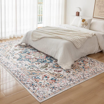 CHOSHOME Tapijten voor de woonkamer en slaapkamer, groot wasbaar laagpolig tapijt, modern vintage klassieke stijlen, antislip boho-stijl, machinewasbaar wol, beige