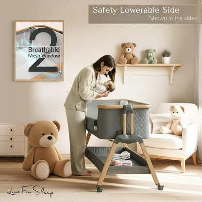 Love For Sleep SnooBee Next To Me Babybed & Babybed – 6 hoogtes, wielen, matras, zijpanelen van ademend mesh met muggennet (0-6 maanden) - grijs/grenen