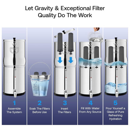 Weeplow Neptune - Système de Filtration d'Eau par Gravité 11 Litres AISI 304 avec 2 Eléments de Purification O'Pure 2, Robinet avec Niveau d'Eau et Support Inox Offert - QUORE