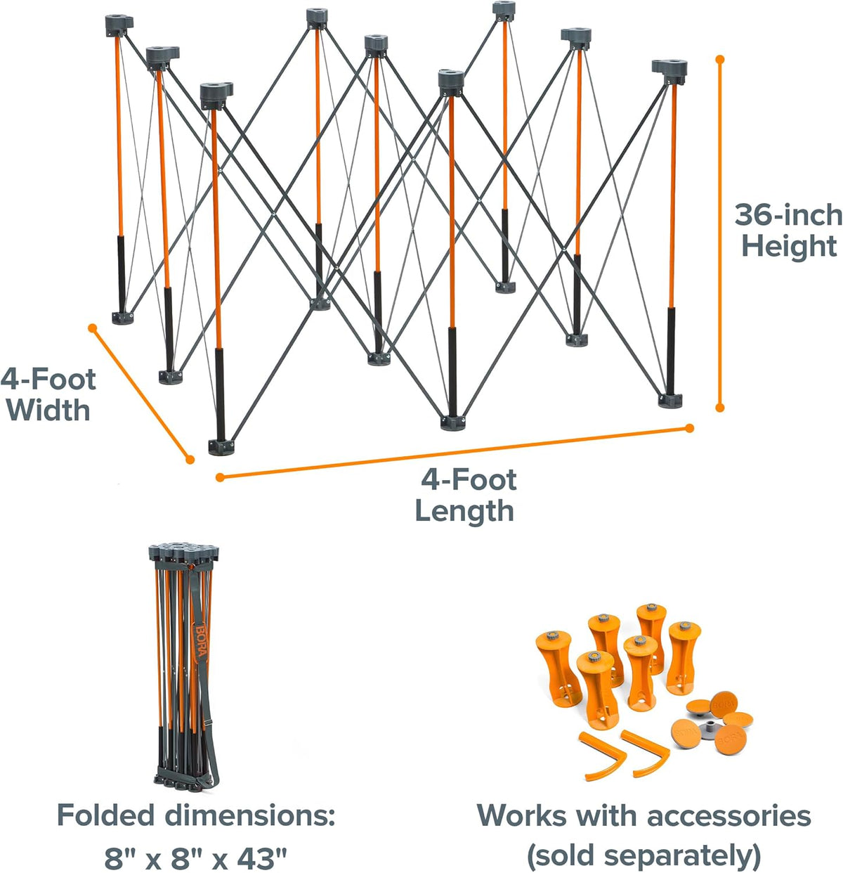 BORA Duizendpoot hoog 4ft x 4ft x 36" 9-Strut draagbare werkstandaard, inclusief draagriem, CT9