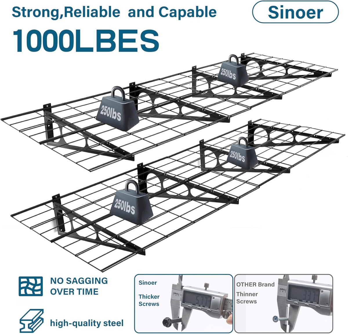 Sinoer 2-pack 2x6ft Garage Stellingen Met Haken, 61cm-bij-183cm Metalen Wandplank Opslag Rek Planken, voor Winkel, Schuur Opslag