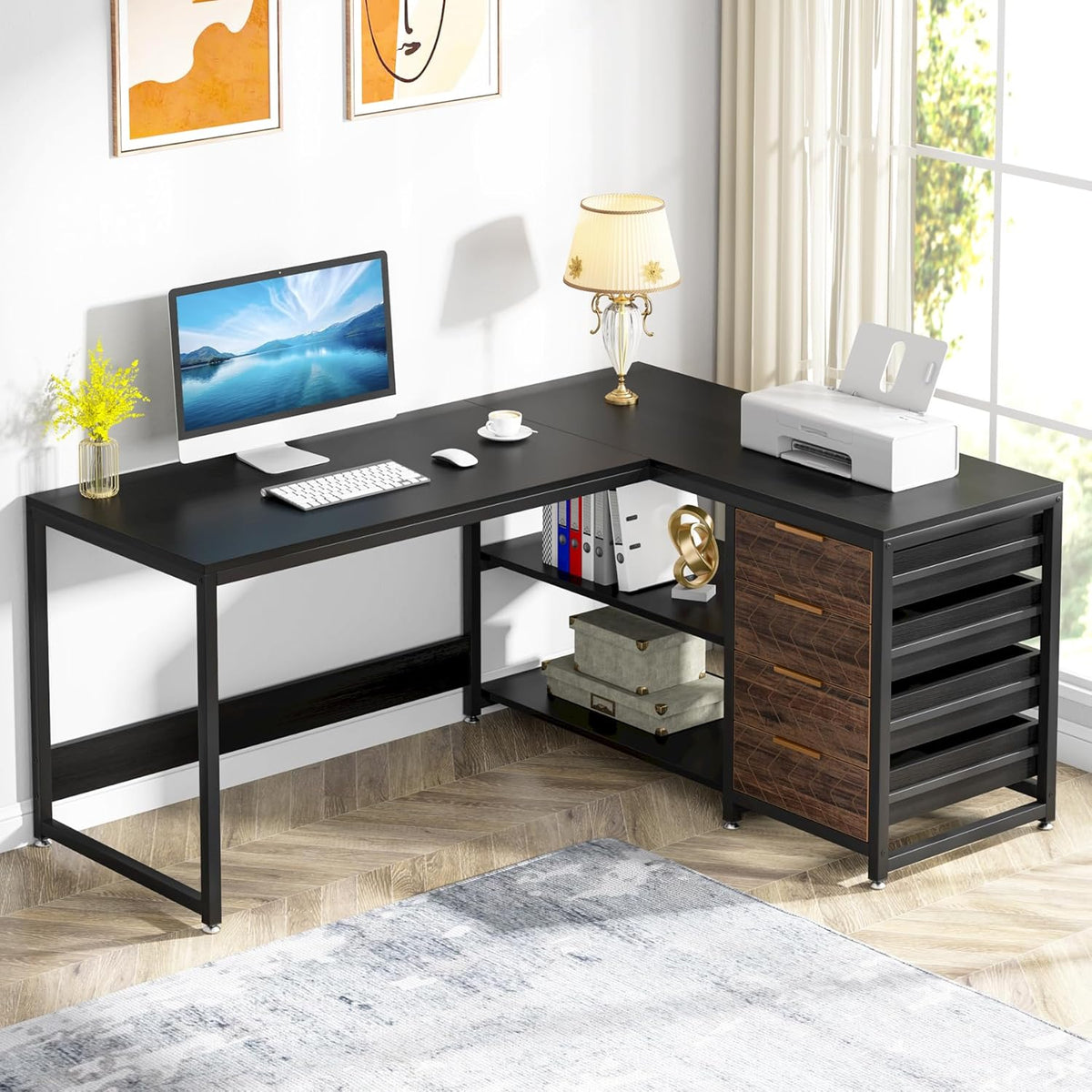 Tribesigns L-Shaped Computer Desk with Storage Drawers, 150cm Corner Desk with Shelves, Reversible L Shaped Office Desk Study Writing Desk Workstation for Home Office, Black